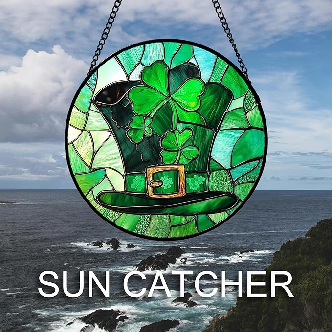 QZQCBLC Stained Glass Window Hanging Green Lucky Clover Hat 7.8" - Suncatcher Door Garden Sun Catcher Ireland Decor Birthday Mother's St. Ripack's Day Gift for Woman Mom Men Friend Nana Wife