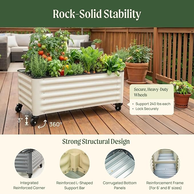Vego garden Classic Rolling Citrus Tree Planter– 1.75' Mobile Metal Raised Garden Bed for Patio, Deck, Balcony – Deep Planting Space, Durable & Easy to Move (Pearl White, 1.75'X1.75')
