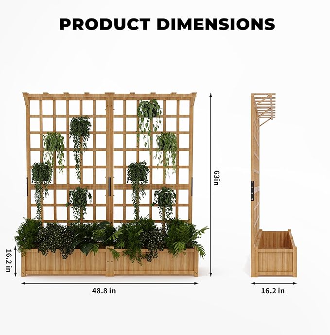 GarveeLife Two-Tier Wooden Planter Box with Trellis for Outdoor Gardens, Elevated Raised Bed for Flowers and Vegetables, 1.4 ft Deep Planter with Hanging Roof & Drainage Holes