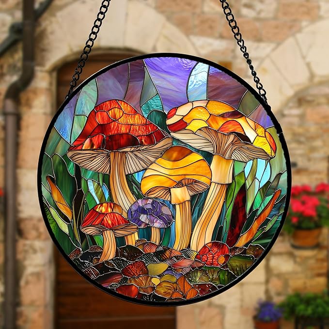 DASTOLL Stained Glass Window Hanging, Jungle Mushrooms Sun Catchers Diamond Glass Panel Hangings Plant Suncatcher Decor for Birthday for Women,Men, Wife, Aunt,and Mom 6.3X6.3 in