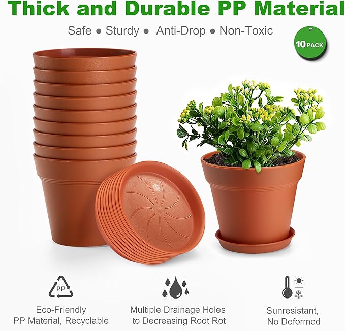 FHWTY 10 Pack Plastic Plant Pots with Drainage Holes and Tray, 6 inch Thickened Indoor Planters Seedlings Nursery Pots for Flowers, African Violet, Succulent and All House Plants, Terracotta