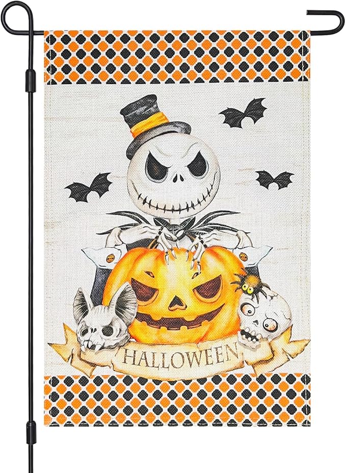 Halloween Jack Skellington Decorative Burlap Garden Flag, 12x18 Inch Double Sided Nightmare Before Christmas Pumpkin King Happy Halloween Small Vertical Flags,Outdoor Home Patio Porch Yard