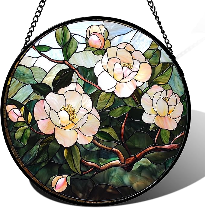 AMDERVEN Stained Glass Suncatcher, Light Pink Flowers Green Leaf Sun Catcher Plant Stain Glass Window Hanging Decoration Mother's Day Birthday Gifts for Women Men Mom Nana 9.8 in