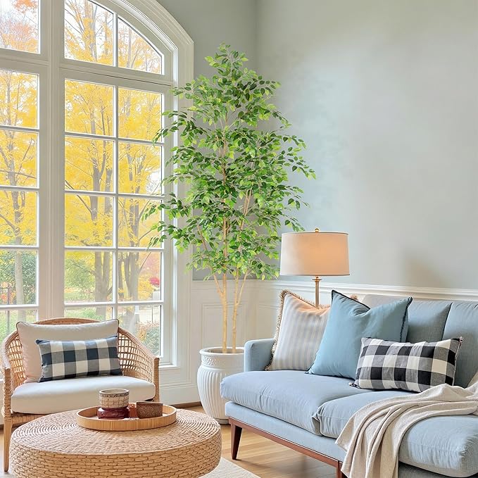 Tall UV Resistant Ficus Tree Artificial，8ft(96in) Realistic Texture Potted Faux Ficus Tree， Fake Trees Indoor Outdoor for Home Office Living Room Bedroom Foyer Porch Decor.