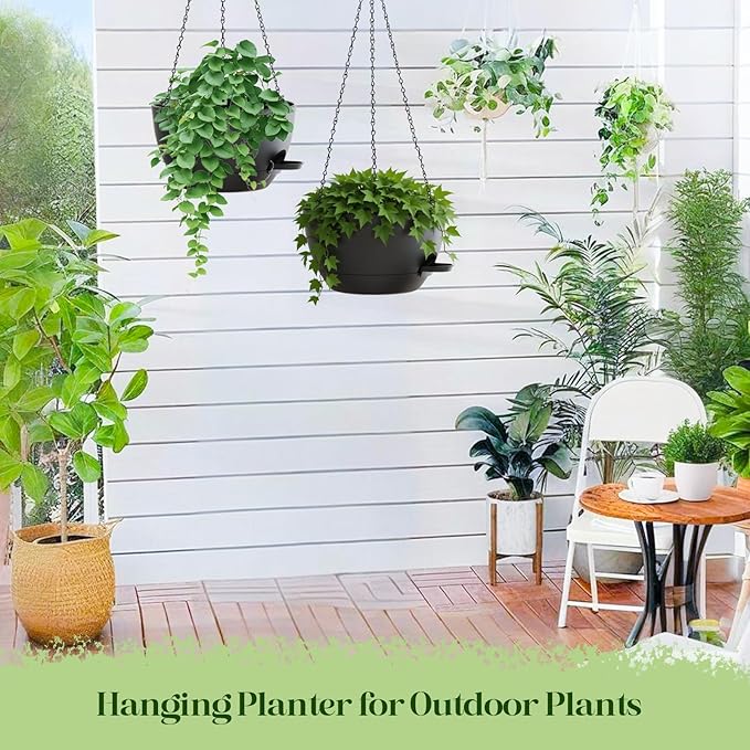 zople 10 Inch Hanging Planters with Chains 2 Pack Self Watering Black Plastic Hanging Pots for Indoor Outdoor Plants, Garden Porch Home Decor (Black)