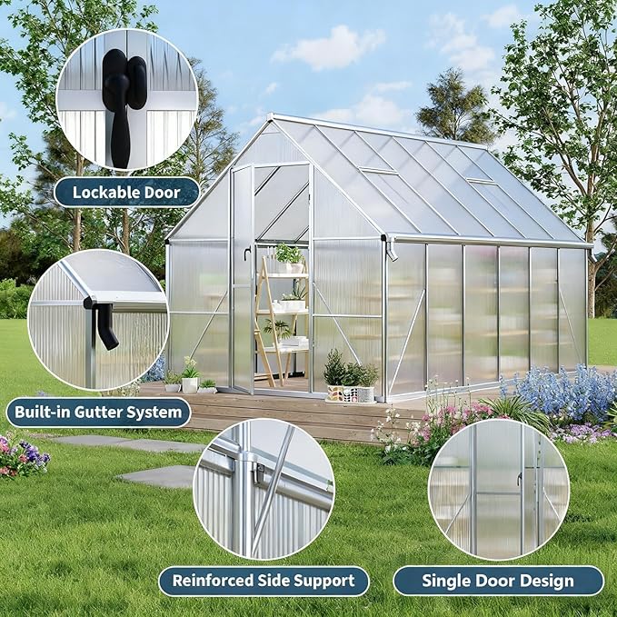 8x12ft Greenhouses for Outdoors, Polycarbonate Greenhouse with Roof Vent, Aluminum Frame Walk-in Greenhouse Kit for Backyard All Seasons Use
