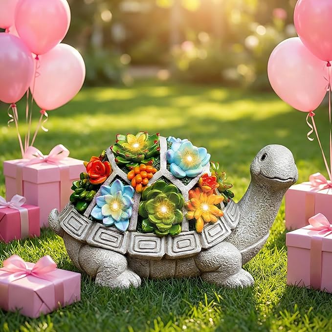 Nacome Solar Garden Outdoor Statues Turtle with Succulent and 7 LED Lights - Lawn Decor Tortoise Statue for Patio, Balcony, Yard Ornament - Chrismtas Gifts for Mom Grandma
