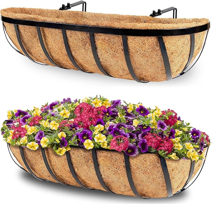 Y&M 24in Window Planter Box 2Pcs Iron Window Deck Railing Fence Planter with Coco Liner for Outdoor Balcony Rail Fence Porch Patio