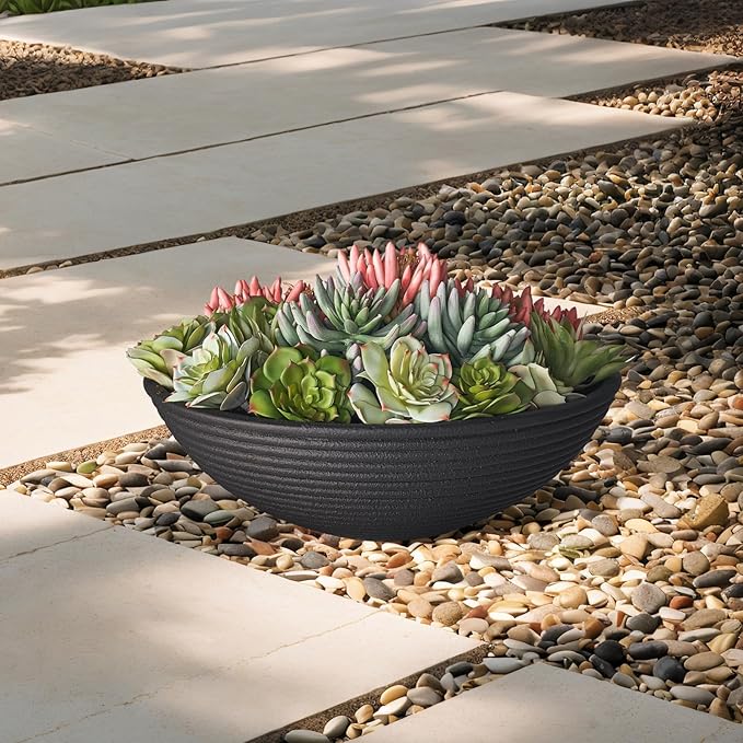 TerraDeco 18 - inch Handmade Classic Bowl - Concrete Planter (2 Packs | Concrete Composite | Ideal for Succulents, Courtyard Pillars & Staircase Corners