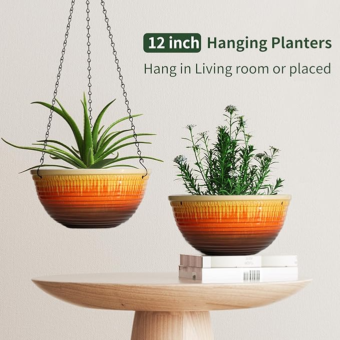 LESOASIS 12 inch Large Hanging Planters for Indoor Outdoor Plants, Set of 2 Glazed Hanging Flower Pots with Drainage Hole, Hanging Baskets for Garden Home Porch Decor