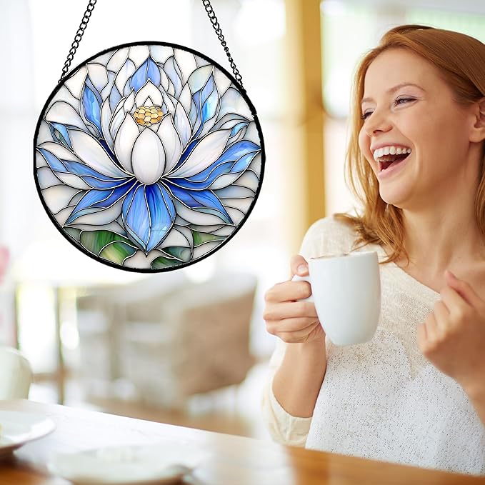 HWRHTR Stained Glass Window Hanging - Blue and White Lotus Petal Suncatcher for Doors Window Home Sun Catchers Decor Christmas Mother's Day July Birthday Gifts for Teacher Women Men Mom Nana 11.8 in