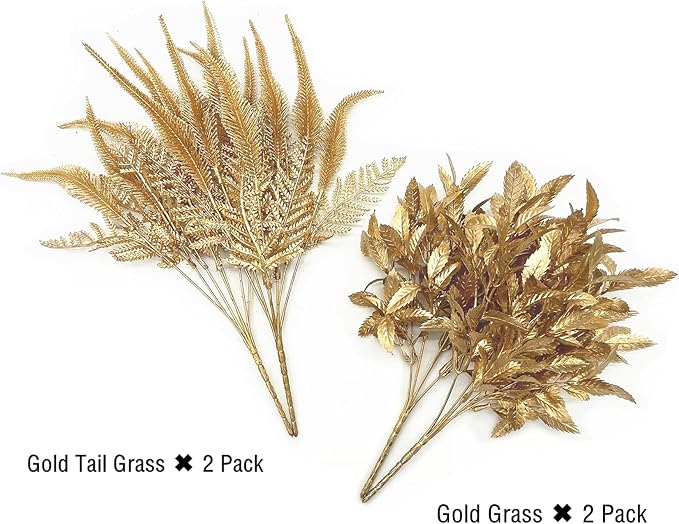 Fake Flowers Golden Bouquet Christmas Decorations, PASYOU Artificial Plants Plastic Shrubs Grass Leaves Indoor Outdoor Home Garden Party Hotel Verandah Wedding Event Faux DIY Table Decor - Gold 4 Pack