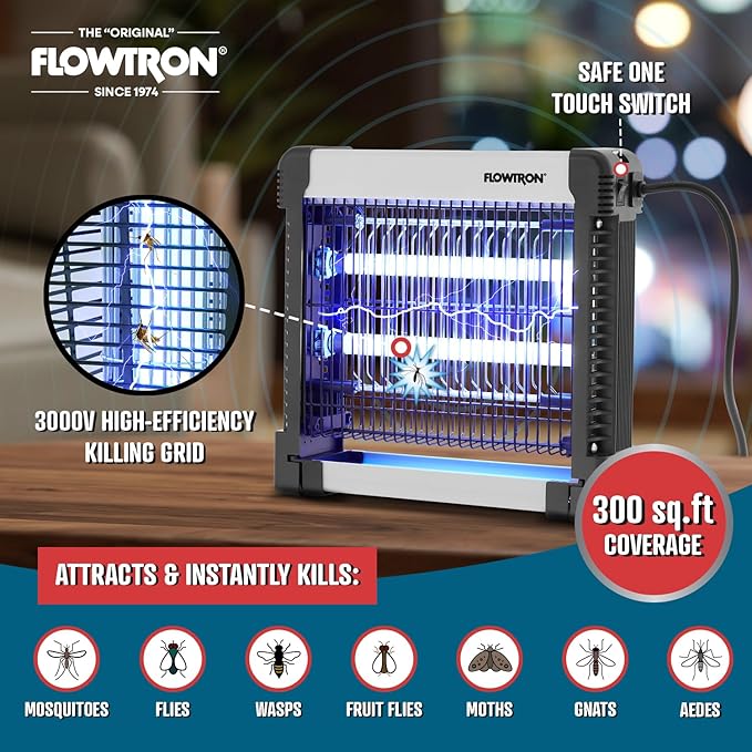 Flowtron Indoor Bug Zapper: 3000V Electric Insect Killer & Mosquito Trap - 300 Sq Ft Coverage - 12W Dual UV Light Fly Zapper for Kitchen, Bedroom, RV & Restaurant - Safe Gnat & Moth Killer