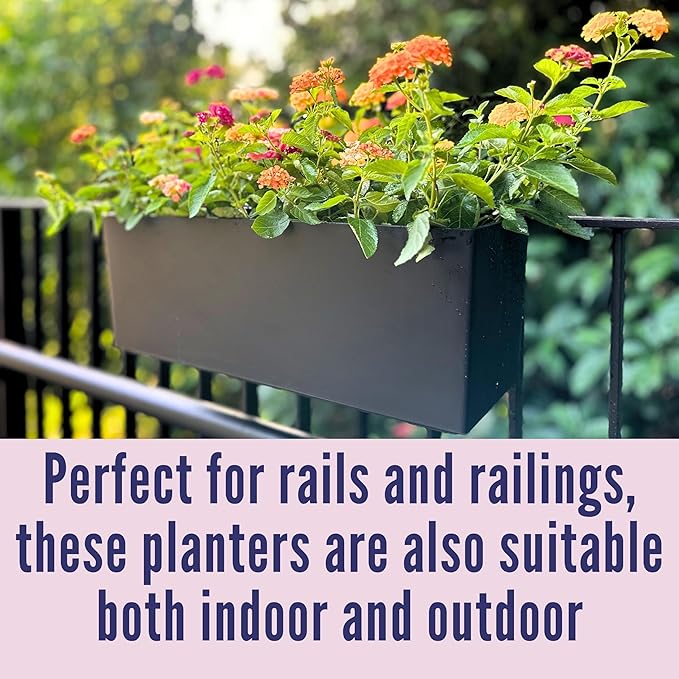 LaLaGreen Deck Railing Planters (14 Inch, 2 Pack) Black Rectangular Window Flower Box with Bracket, Self Watering System Hanging Planter Boxes for Outdoor Plant Pots Container Rail Fence Balcony Herb