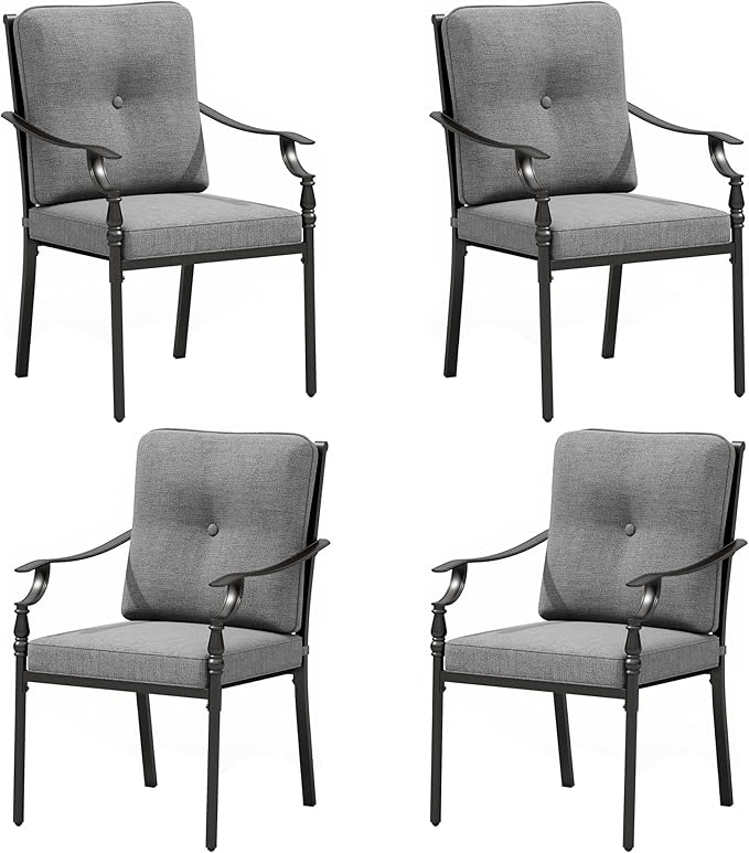 PHI VILLA Outdoor Steel Dining Chairs Set of 4, Heavy-Duty Rustproof Black Wrought Iron Armchairs with Cushions, Large Seating Furniture for Patio, Deck, Backyard, Porch