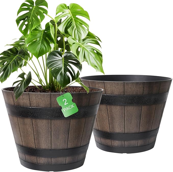WEICHENGXING Large Plant Pots, 22.25 Inch 2 Pack Plastic Whiskey Barrel Planters, Big Flower Pots Wine Barrel Design for Outdoor Indoor, Garden, Porch, Patio, Backyard