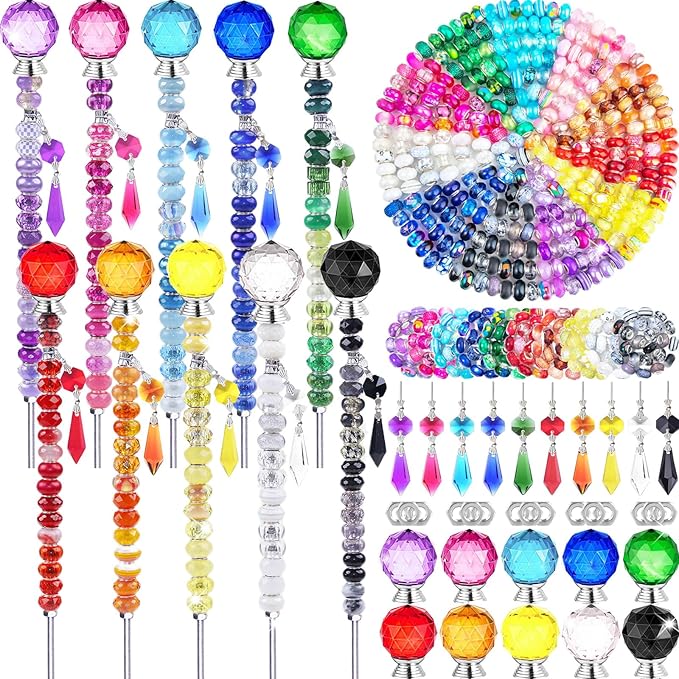 300 Pcs DIY Fairy Wand Beaded Garden Stakes Kit, Fairy Wands Garden Kit Colorful Large Hole Bead with Pendants Crystal Stopper Top Threaded Rod Beaded Garden Stakes Supplies for Outdoor Decorative