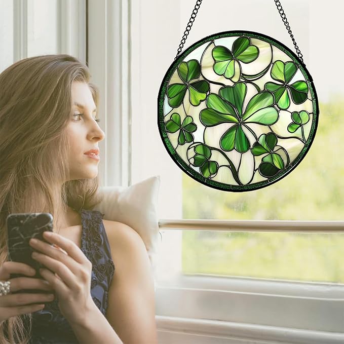 Stained Glass Window Hanging - Ireland Green Lucky Clover Suncatcher for Doors Garden St. Patrick's Day Sun Catchers Decor Mother's Day Birthday for Women Men Mom Nana 7.8 in