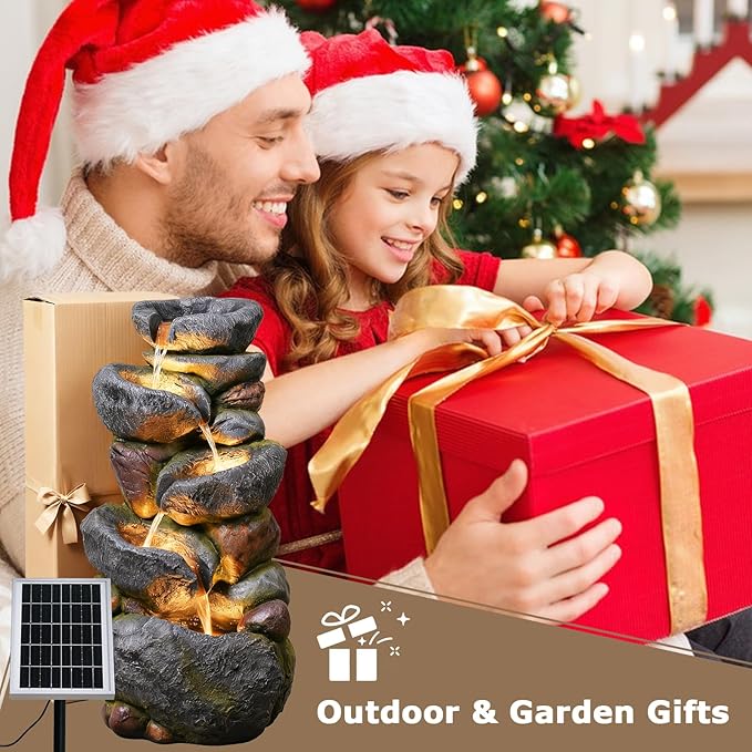 5-Tier Rock Solar Water Fountain Outdoor Garden, 36.2''Tall Cascading Natural Solar Powered Fountain Outdoor with LED Lights, Water Feature for Garden, Patio, Deck, Backyard Decor