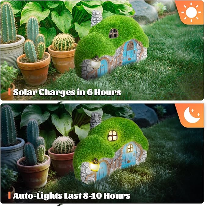 Darkdec Outdoor Figurine Lights Garden House Statue - Outdoor Statues with Solar Lights Garden Cottage Lighting Figurines for Home or Yard Decor