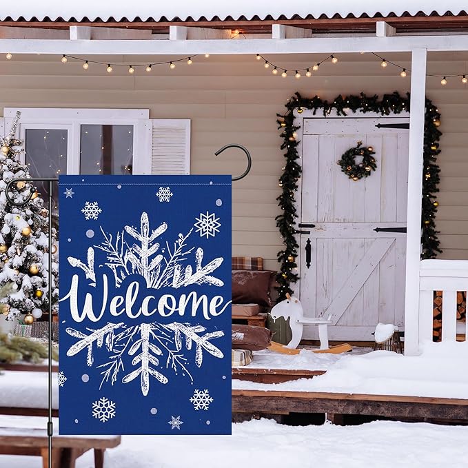 Heyfibro Welcome Christmas Winter Garden Flag 12x18 Inch Double Sided Burlap, Snowflake Yard Banner for Seasonal Holiday Xmas Outdoor Decoration(ONLY FLAG)
