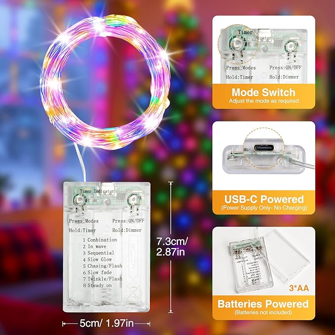 6 Pack 16FT 50 LED Fairy Lights Battery Operated with Timer, 8 Modes USB Mini Twinkle Light, Small String Lights for Christmas Tree Wreath Vase Bedroom DIY Wedding Decorations-Multi-Colored