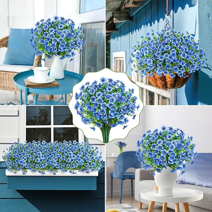 Besteek 20 Bundles Artificial Flowers for Outdoors Decoration Fake Silk Flowers UV Resistant Faux Plants Artificial Daisy Eucalyptus for Spring Summer Garden Yard Porch Window Home Decor, Blue