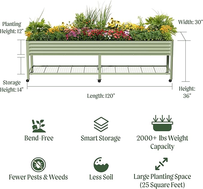 Rolling Elevated Raised Garden Bed - Jumbo Series, 2.5' x 10' Outdoor Planters Boxes with Legs & Storage Rack for Patio, 2000+ Lbs Weight Capacity, Raised Beds for Gardening Herbs Flowers, Pearl White