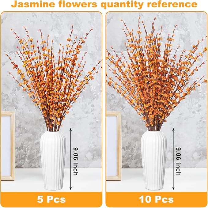 10 Pcs 29.5" Fall Stem Orange Jasmine Fall Flowers Dry Branches Bouquet for Home DIY Floral Art Plant Wedding Orange Fake Flowers (Autumn Yellow)