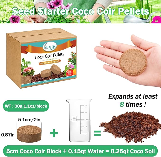 Legigo 50 Pcs 50mm Coco Coir Pellets Seed Starter Soil Mix- Organic Coconut Coir Potting Soil Pods for Seedling, Coco Peat Soil Discs for Indoor & Outdoor Plants Bonsai Herbs Vegetables and Flowers