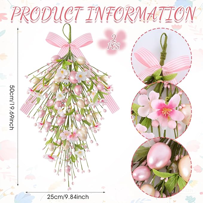 2 Pack 24'' Easter Teardrop Swags for Front Door Pastel Pink Easter Eggs Teardrop Wreath Artificial Spring Floral Hanging Swags with Ribbon Berry Flower for Farmhouse Home Outdoor Window Wall Decor