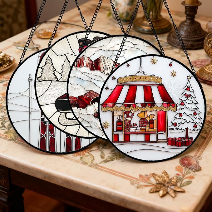 AMDERVEN Stained Glass Window Hanging 4 Pcs Set Winter Skiing Red Christmas House Large 15" - Suncatcher Door Garden Sun Catcher Decor Birthday Mother's Day for Mom Woman Nana Friend