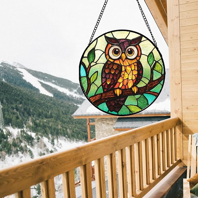 HWRHTR Stained Glass Window Hanging - Owl on a Branch Suncatcher for Doors Window Home Orange Brown Sun Catchers Decor Christmas Mother's Day Birthday Gifts for Teacher Women Men Mom Nana 6.3 in