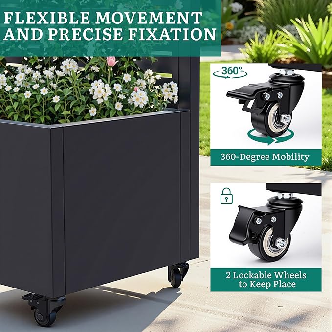 Metal Planter Box with Trellis, Galvanized Steel Raised Garden Bed with Privacy Screen, Lockable Casters, 73"x47"x16" Planter with Drainage Holes for Outdoor Climbing Plants, Vegetables, Patio