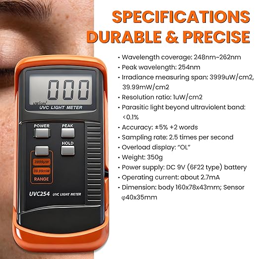 AMTAST UV Light Meter Professional UV Monitors Measurable of UVA UVB & UVC Light Measure Tester with 320~390nm Range Portable UV Sunlight Tester (Model UVC254)