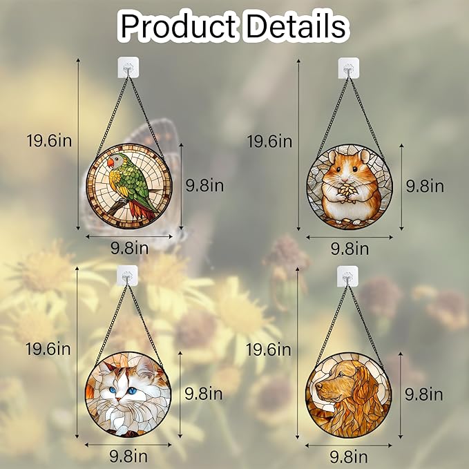 Stained Glass Window Hanging 4 Pcs Set Cute Cat and Dog 9.8" - Animal Suncatcher Door Garden Sun Catcher Decor Birthday Mother's Day for Mom Woman Nana Girl Boy Friend