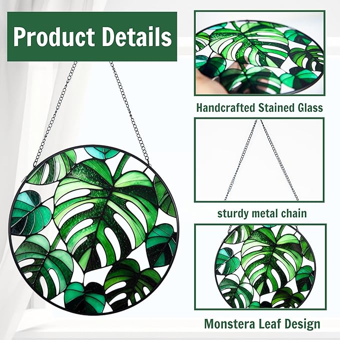 7.8'' Monstera Plant Stained Glass Suncatcher,Stained Glass Window Hanging, Plant Suncatcher, Plant Lover Gifts, Mother's Day, Birthday, Housewarming, Christmas, Festival Gifts