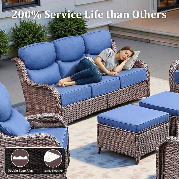 Luxury High Back Patio Furniture Set with 6-Inch Thick Cushions, 4-Pieces Outdoor Furniture with Swivel Chairs, Wicker Conversation Set for Porch, Balcony, Deck and Yard, Brown/Blue
