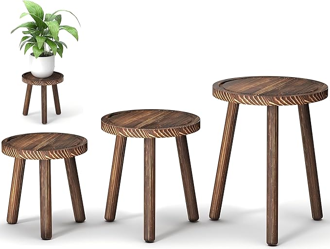 Vecxoty 3-Pack Wood Plant Stands Indoor, Single Plant Stand for 6-12 Inch Pots, Mid-Century Modern Plant Stool, Tall Plant Stand for Large Plants Perfect Fit for Living Room, Balcony, Office