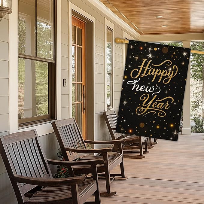 Happy New Year House Flag 28x40 Inch Black and Gold Sparkle Design Garden Flag Outdoor Yard Decoration Elegant Holiday Celebration Banner for Home Porch Lawn