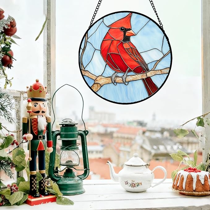 Stained Glass Window Hanging Cardinal Birds 6.3" - Suncatcher Door Garden Sun Catcher Home Decor Christmas Birthday for Bird Lovers Woman Her Nana Wife Men Mom