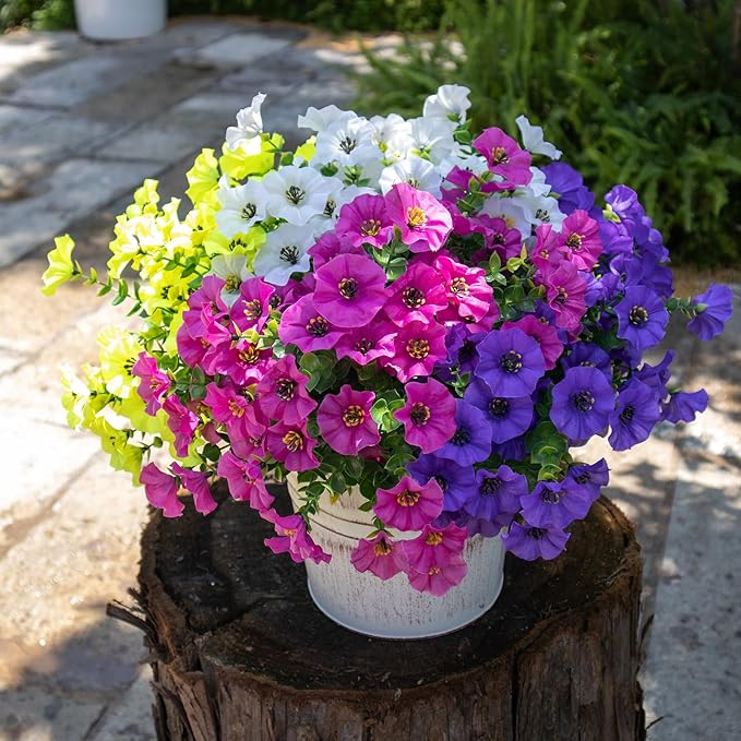 VDVST Artificial Flowers for Outdoors,UV Resistant Artificial Outdoor Flowers,Not-Fading Faux Flowers for Outdoor Planters Front Door Porch Yard Patio Garden Home Decor,12 Bundles Mix 4 Colors