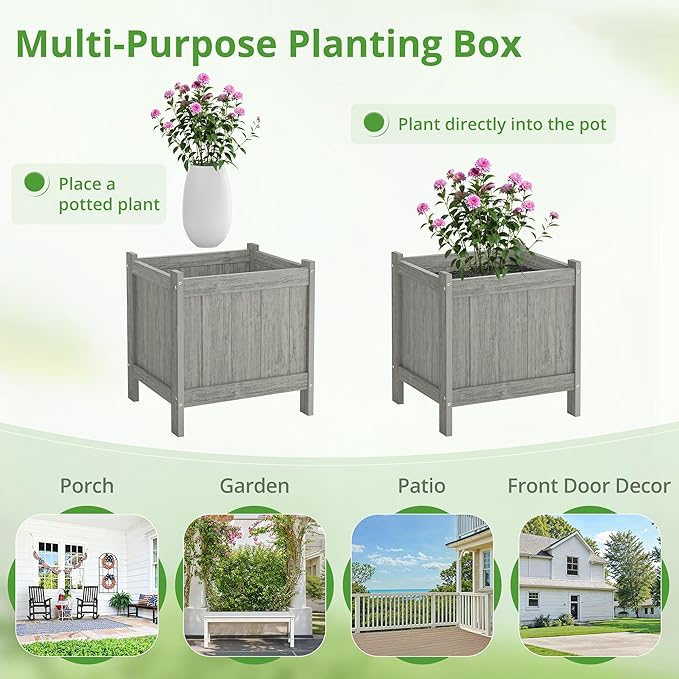 LUE BONA Outdoor Plant Pots, 13.7" x 12.5" x 14.5" Flower Pots with Drainage Holes, Outdoor Planters Boxes for Outdoor Plants - Porch Patio, Garden or Entryway, Light Gray-Oil Printed