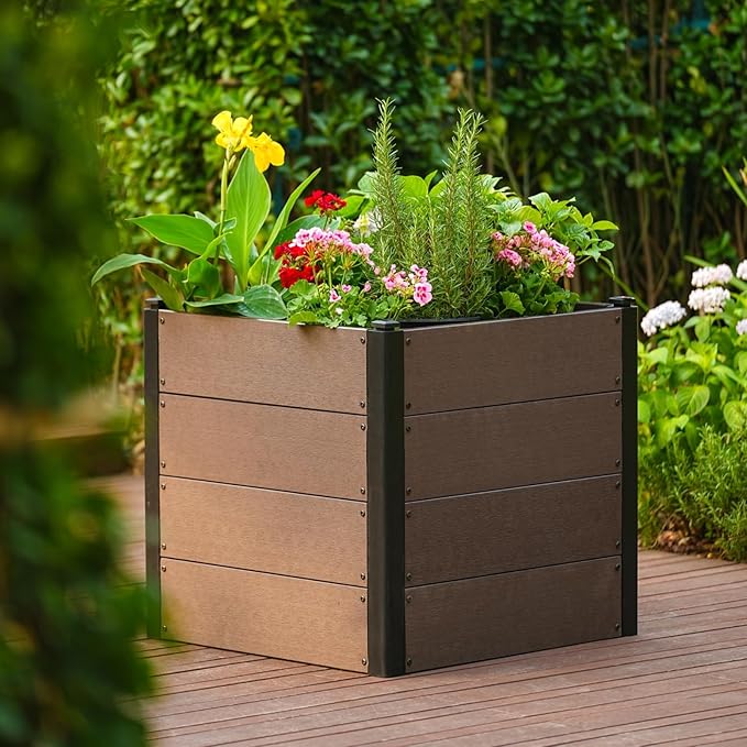 GarveeLife 25" x 25"x 23" Wood Look Raised Garden Bed with Bottom, Outdoor Planter Box for Vegetables & Herbs, Durable Composite Deep Root Bed for Vegetables, Flowers in Backyard, Patio