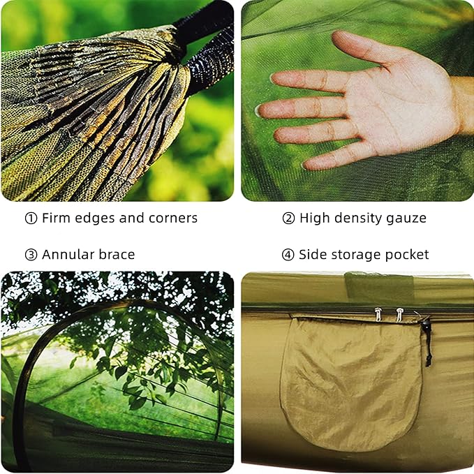 LFL Camping Hammock with Mosquito Net, Hammocks with 13ft Tree Straps Carabiners, Automatic Quick Open Outdoor Portable Hammock, Nylon Parachute Material Outside Hammocks (Black)