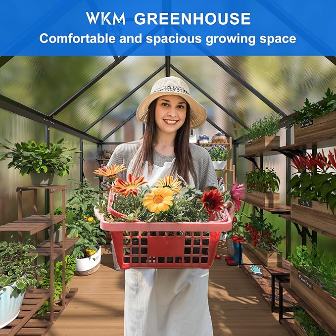 WKM 5.8x7.3 FT Greenhouse for Outdoors, Quick-fit Structure Polycarbonate Greenhouse with Window for Ventilation, Walk-in Aluminum Green House for Outside Garden Backyard, Black