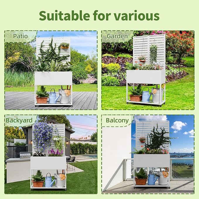 Metal Planter Box with Trellis,67" H x35 W Raised Garden Beds with Privacy Screen for Climbing Plants Flower, Elevated Standing Planter Garden Bed with Drainage Holes for Outdoor Patio,White