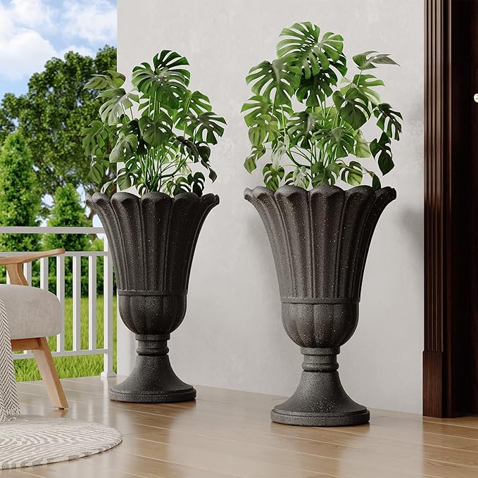 seethmi 23" Tall Planters for Outdoor Plants Set of 2, Planter with Drainage Holes and Petal Design, Large Outdoor Planters for Porch, Garden, Indoor, Black
