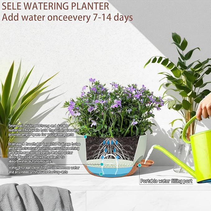 zople 2 Pack 12 Inch Large Hanging Planters with Chains Self Watering Green Brown Plastic Hanging Pots for Indoor Outdoor Plants, Garden Porch Home Decor，Green Brown