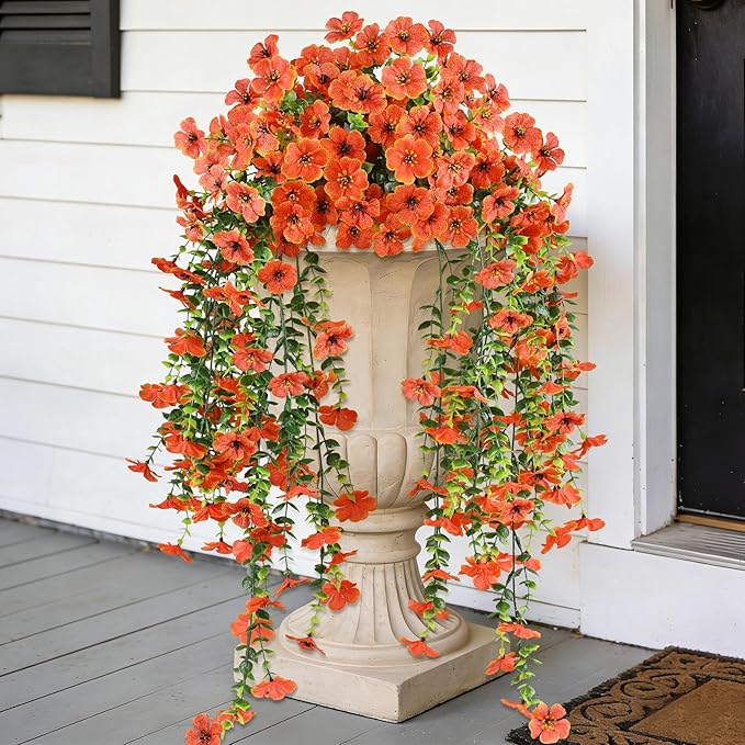 AmberFun Artificial Hanging Flowers for Outdoors,2 Bundles Silk Fake Fall Flowers for Outside, Realistic Faux Plants for Hanging Baskets, Planters-Porch, Patio, Yard Decor(Orange)